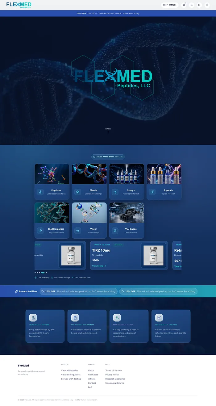 The FlexMed Peptides site we built, top to bottom
