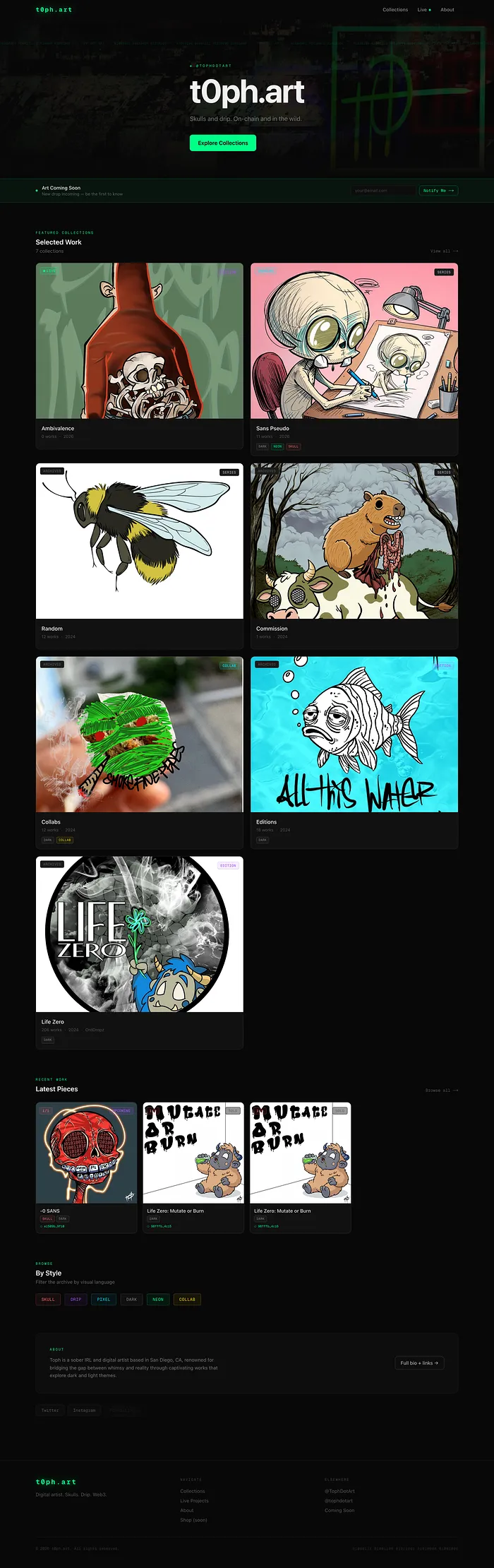 The t0ph.art site we built, top to bottom